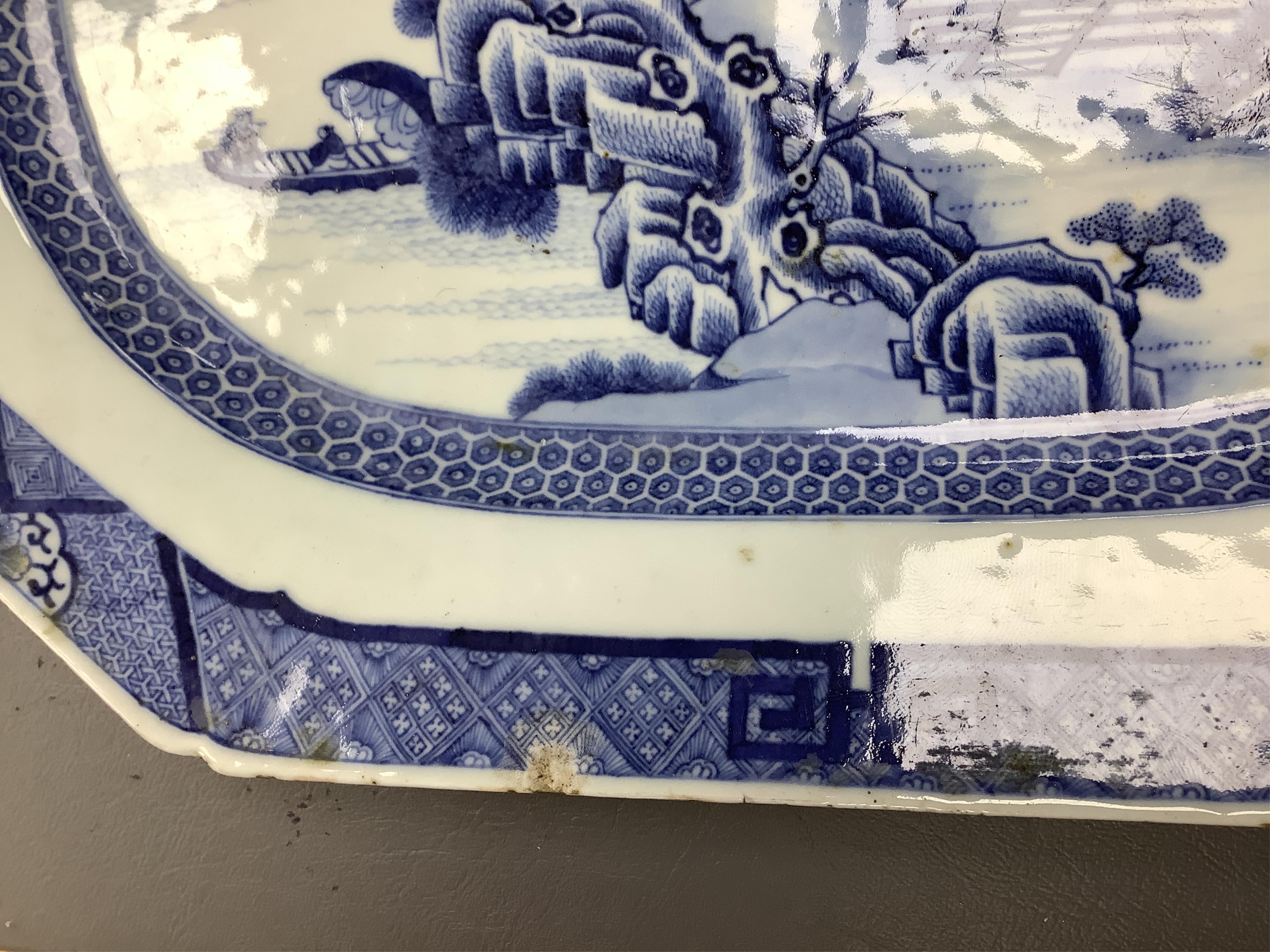 An 18th century Chinese octagonal blue and white dish, 40cm wide